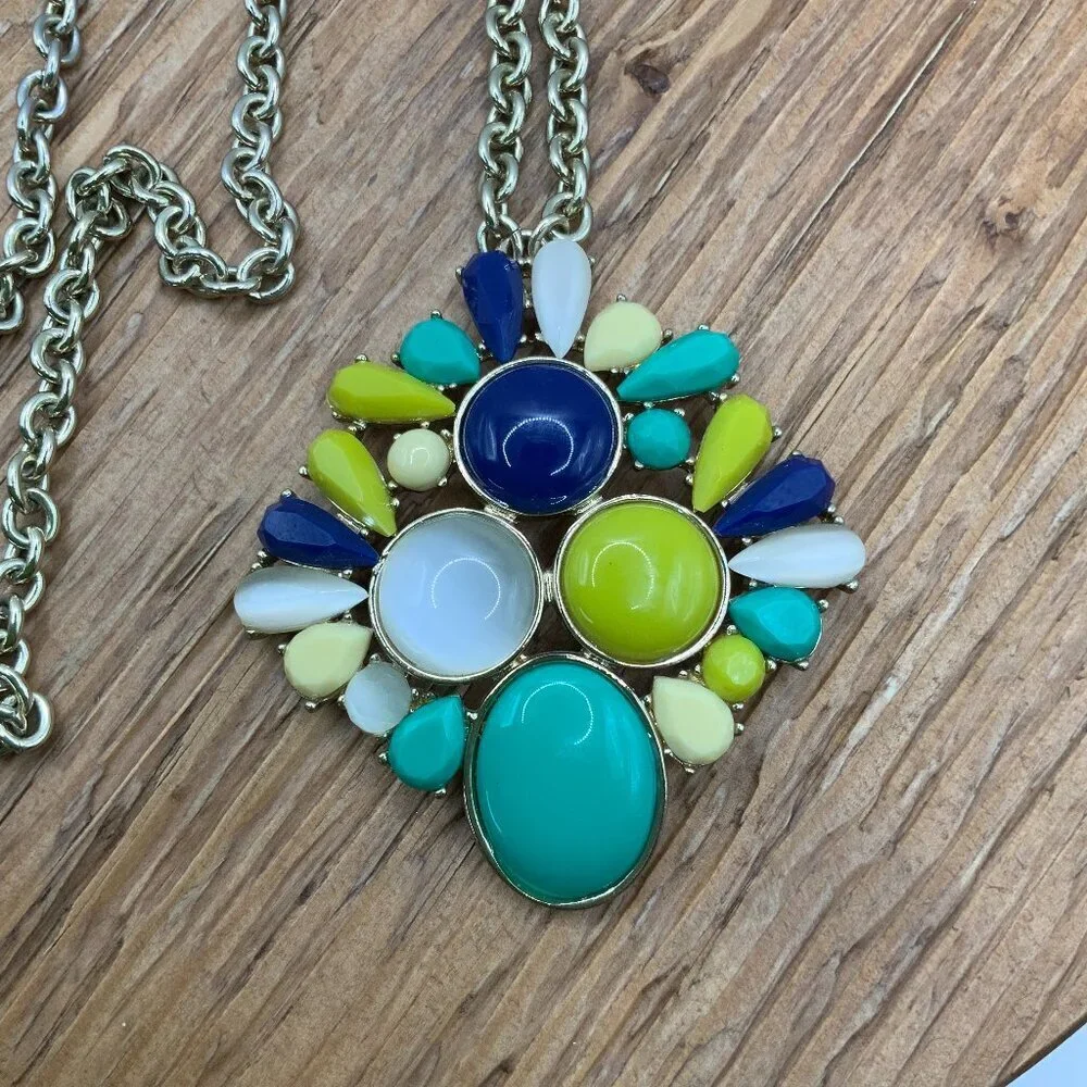 Banana Republic Jewel Tone Green Blue White Cabochons Gold Tone Necklace